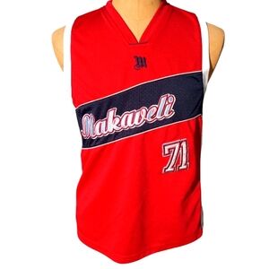 Makaveli Red Sleeveless Basketball Jersey with Navy Chest Band